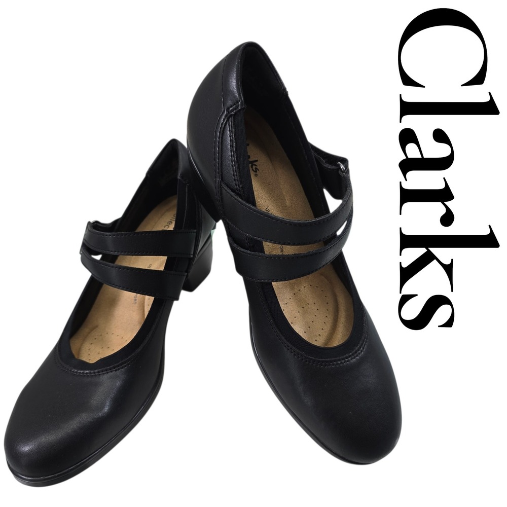 Clarks Emslie Lulin Mary Jane Pumps Womens 9 Black‎ Leather Block Heel Comfort